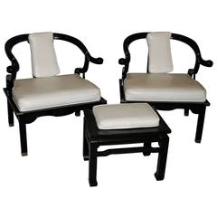 Pair of James Mont Style Black Lacquer Horseshoe Back Chairs and Ottoman 