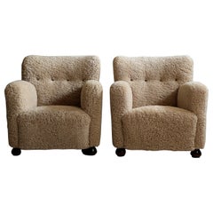 Dänische Schreiner-Loungesessel aus der Mitte des Jahrhunderts aus Schafsleder, Dänemark, 1940er Jahre
