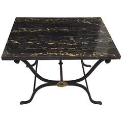 French Art Deco Wrought Iron and Portoro Marble Table