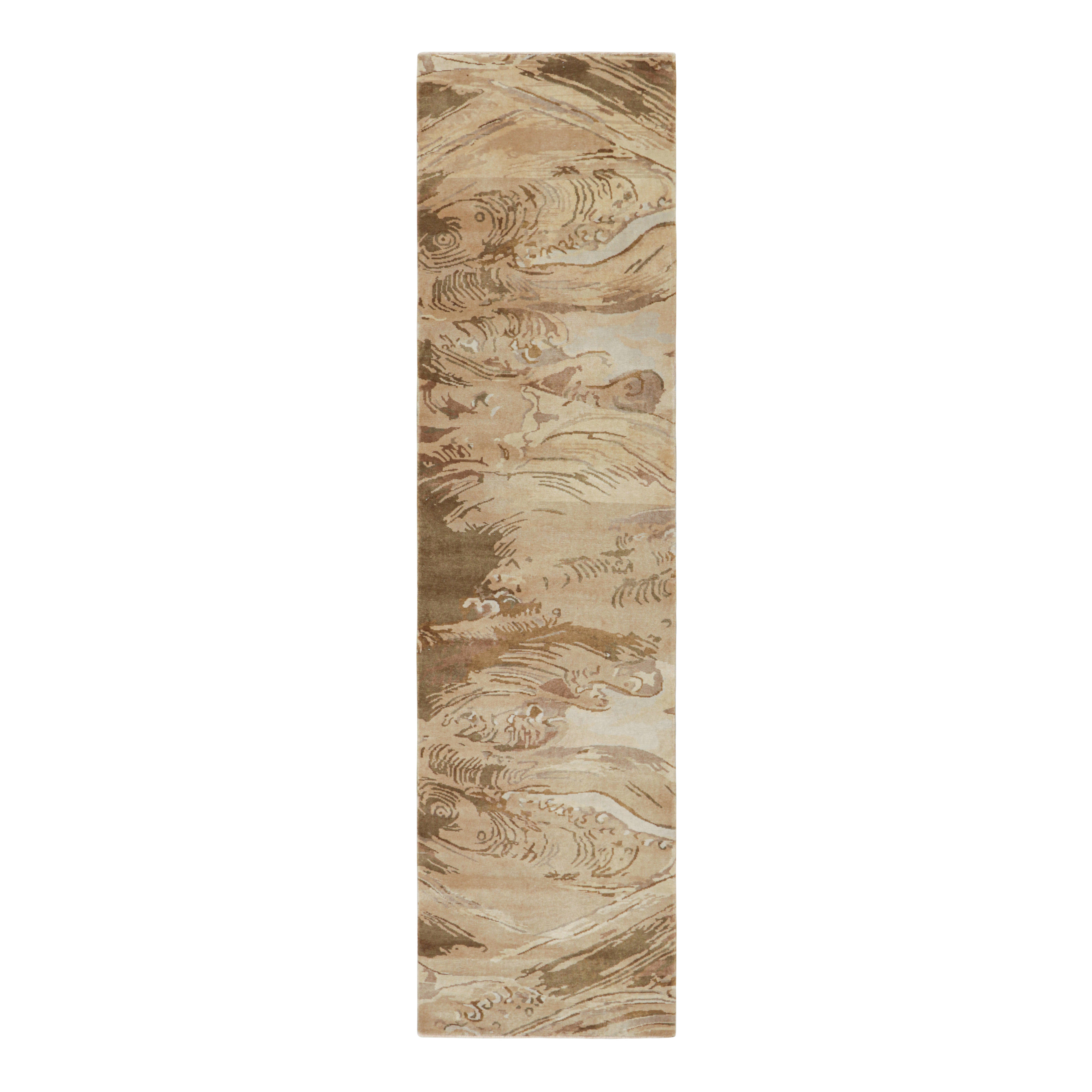 Rug & Kilim’s Chinese Art Deco Style Runner in Beige-Brown Wave Pictorials