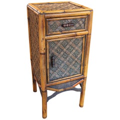1970s Bamboo and Wicker Side Table with Drawer and Door