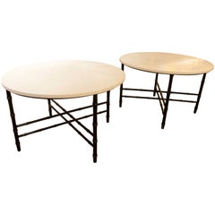 Pair of Side Tables with Bamboo Imitation Iron Legs and Limestone Marble Top