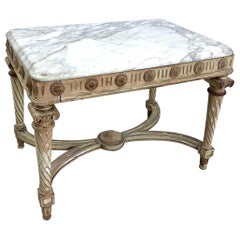 Antique Louis XVI Style Marble Top Coffee Table - Distressed Old White / Gold Gilt Paint