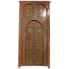 1980s Hand-painted Moorish-style Wooden Door with Iron and Bronze Hardware