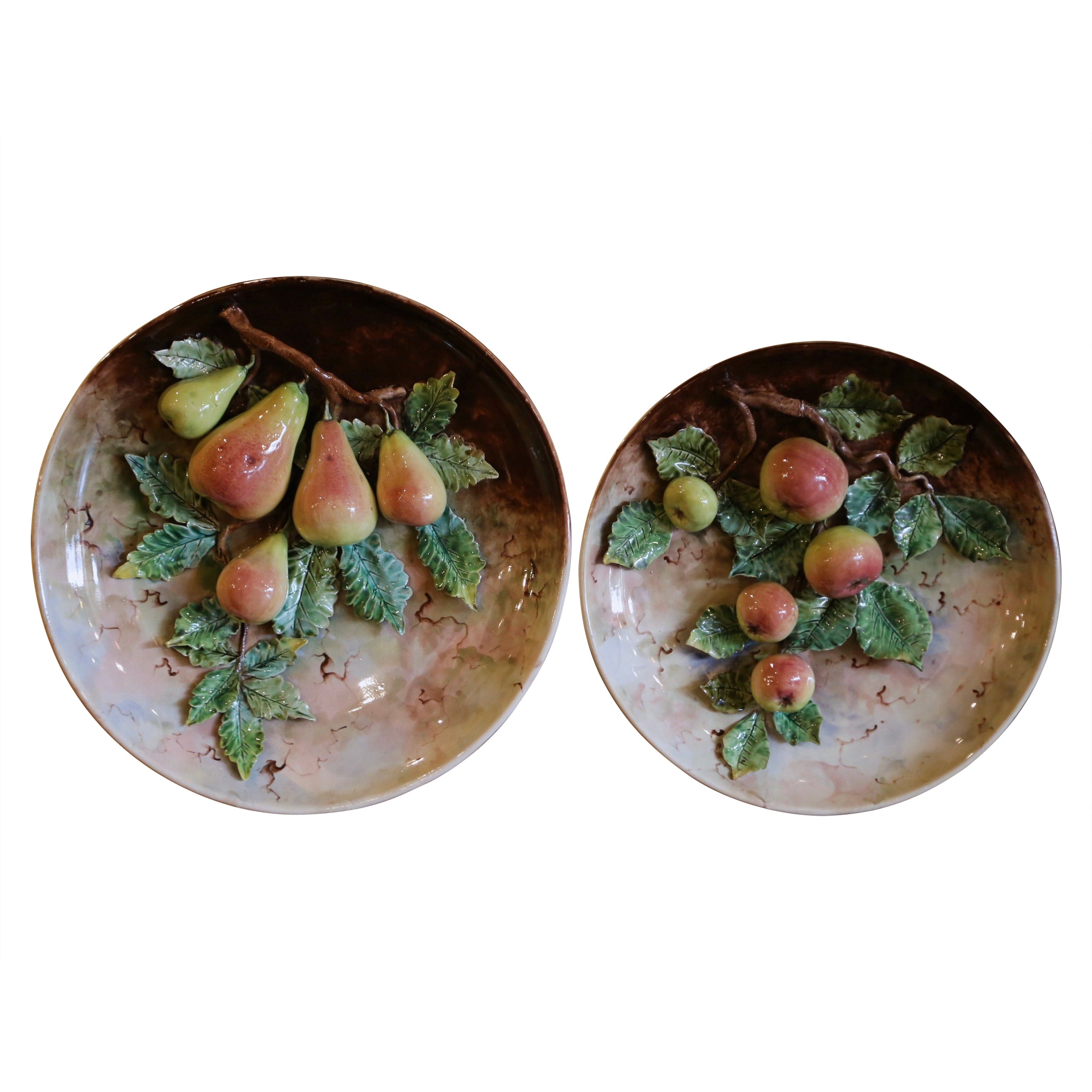 "Fausse" Pair of 19th Century French Hand Painted Barbotine Fruit Wall Platters