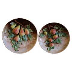 Antique "Fausse" Pair of 19th Century French Hand Painted Barbotine Fruit Wall Platters