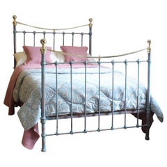 Double Antique Cast Iron and Brass Bed in Blue Verdigris, MD154
