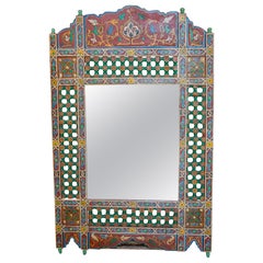 Specchio da parete in legno in stile moresco dipinto a mano degli anni '80 con decorazioni