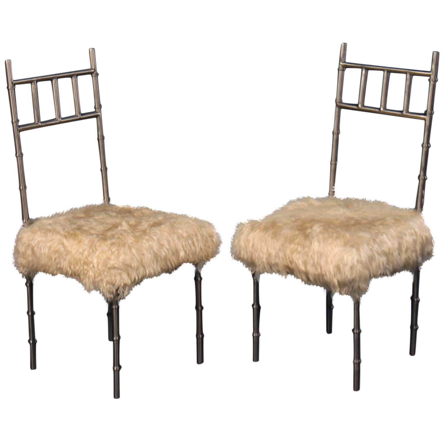 Pair of Nickel over Iron Bamboo Chairs with Goat Fur Seats