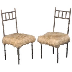 Pair of Nickel over Iron Bamboo Chairs with Goat Fur Seats
