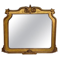 Espejo de pared rectangular antiguo italiano con marco de madera decorado con pan de oro, década de 1850