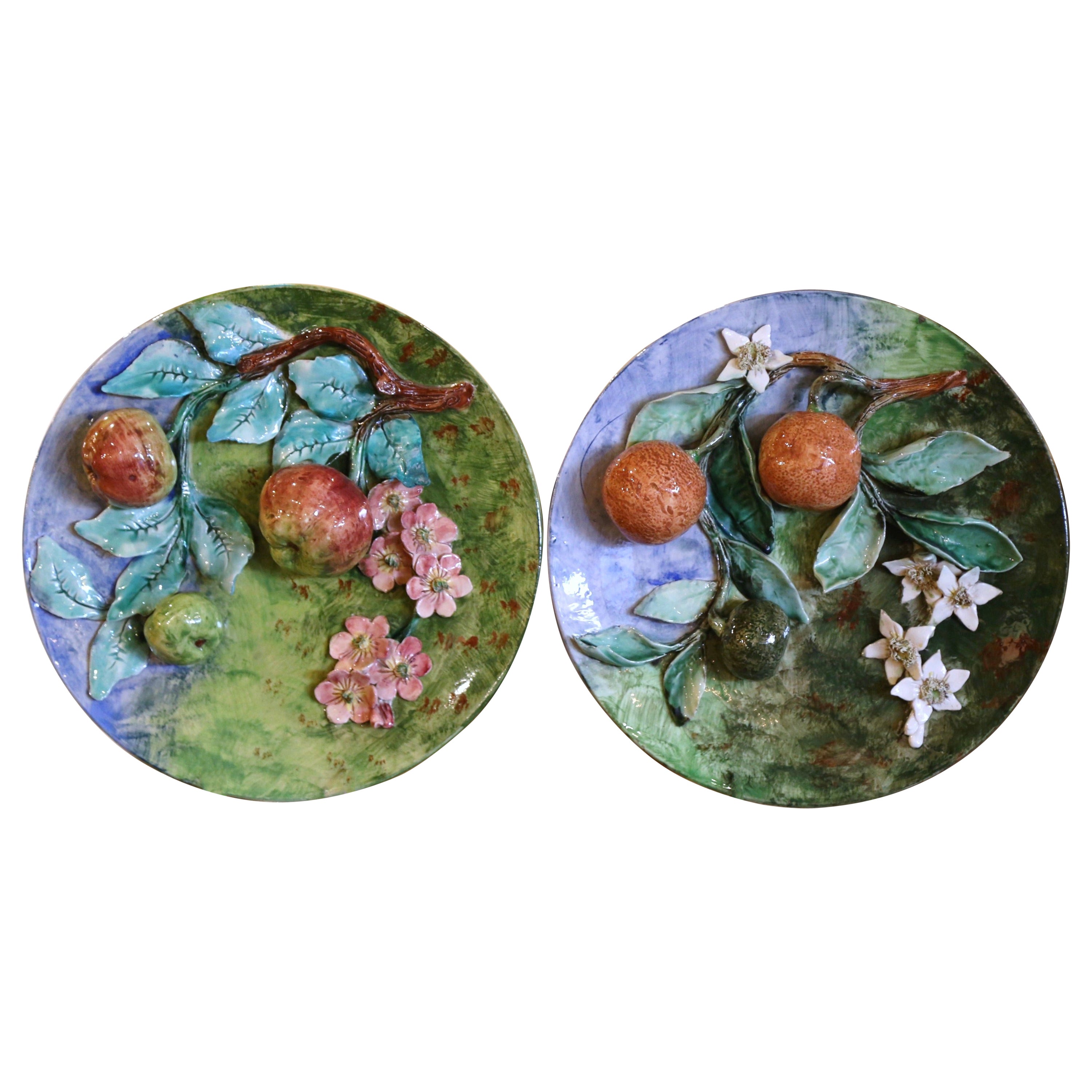 Pair of 19th Century French Hand-Painted Barbotine Wall Plates Stamped Longchamp