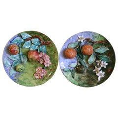 Pair of 19th Century French Hand-Painted Barbotine Wall Plates Stamped Longchamp
