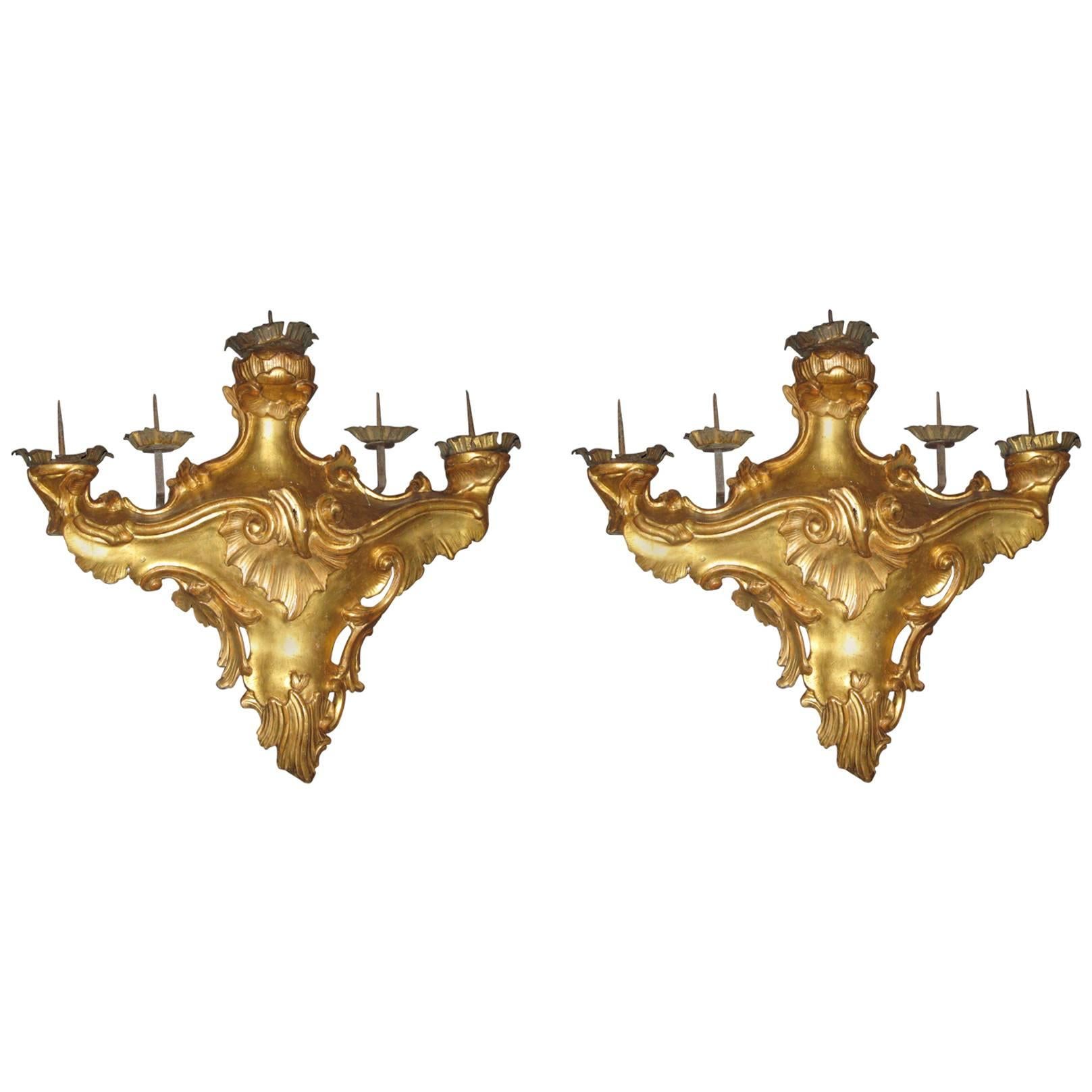 Pair of Louis XV Period Italian Giltwood Five-Light Wall Scones For Sale