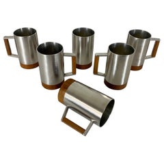 Modernist Pewter and Teak Tankard set of six
