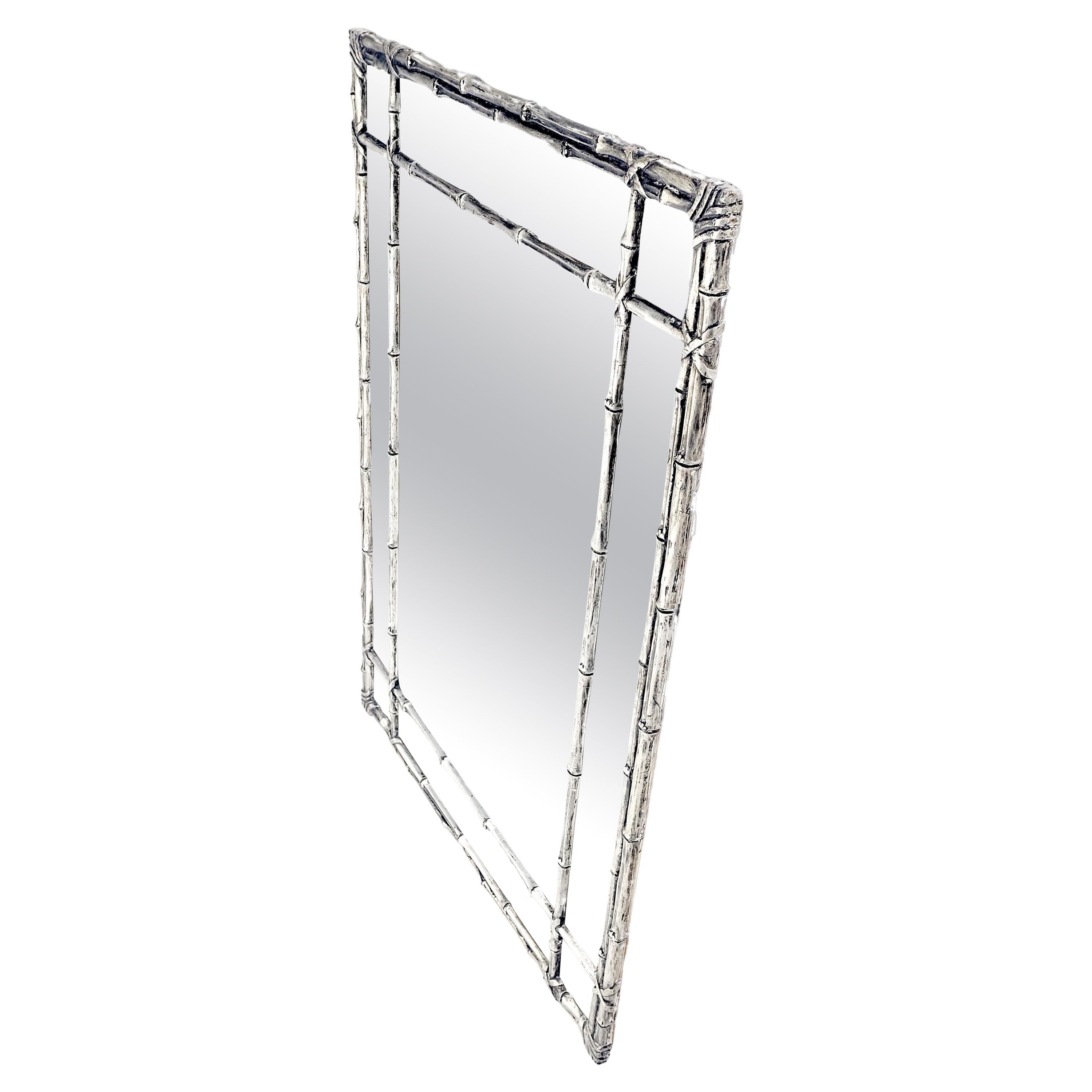 Hollywood Regency Espejo rectangular de aluminio fundido con imitación de bambú plateado y metal dorado