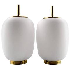 Bent Karlby "China-Lamp" a Pair of Opal Glass Pendants with Brass Fitting