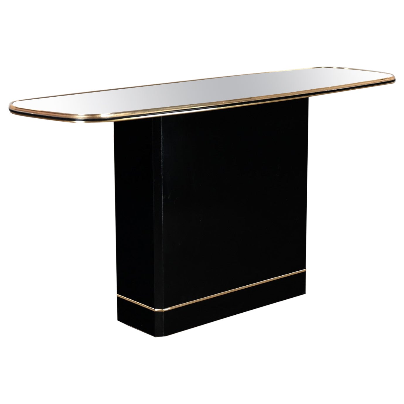 Postmodern Sofa or Console Table with Mirror Top & Black Lacquered Pedestal Base