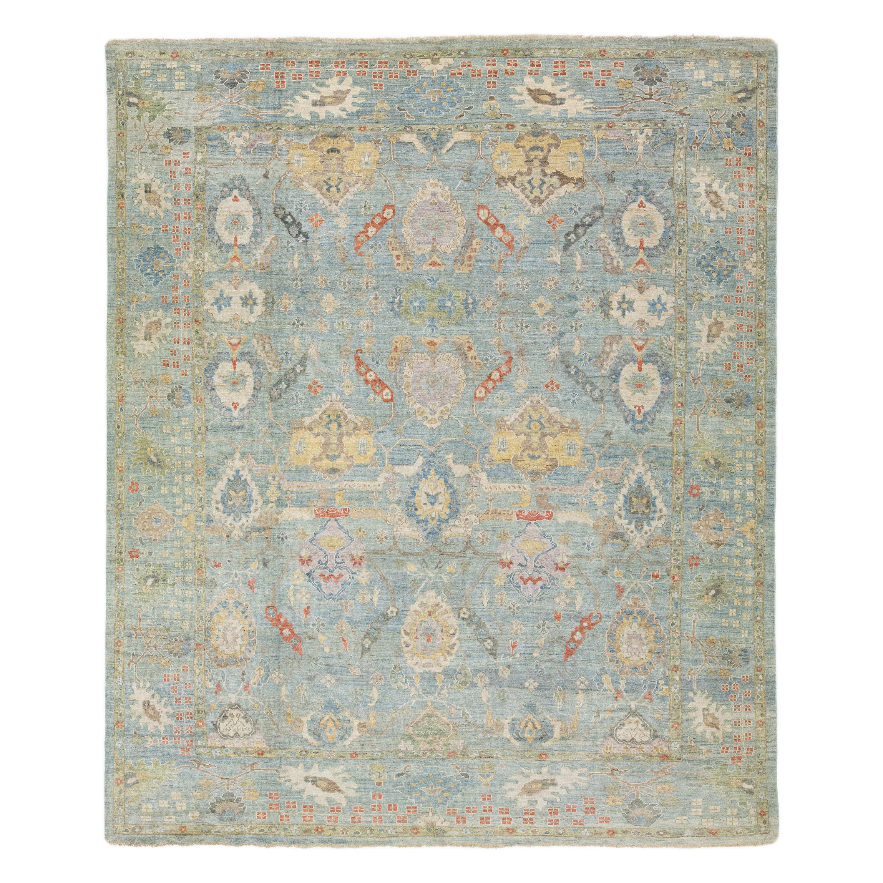 Apadana's Modern Sultanabad Allover Designed Wool Rug Handmade In Light Blue