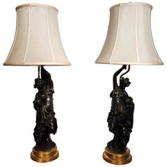 Pair Antique French Carrier-Belleuse Figural Bronzes Converted to Lamps Ca. 1890