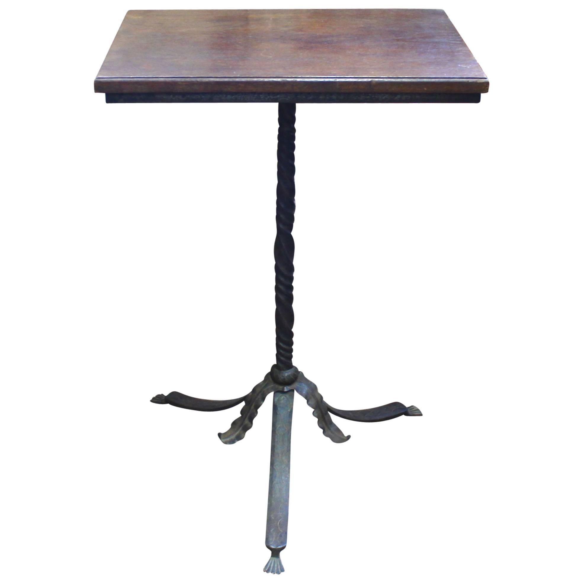 Neo-Gothic Hand Wrought Iron Pedestal Base Walnut Top Side Table or Stand
