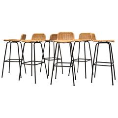 Set of Six Charlotte Perriand Style Wicker Bar Stool