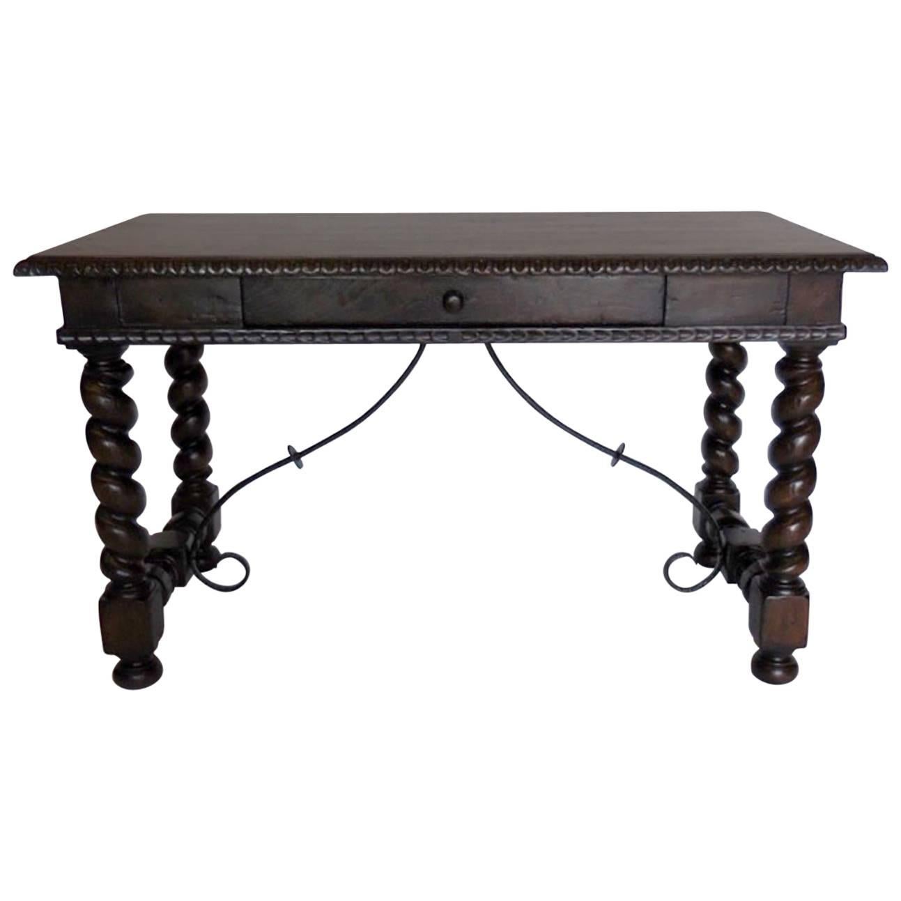 Dos Gallos Custom Barley Twist Writing Desk With Carved Detail and Iron Support