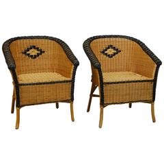 Vintage French Grange Style Rattan Club Chairs