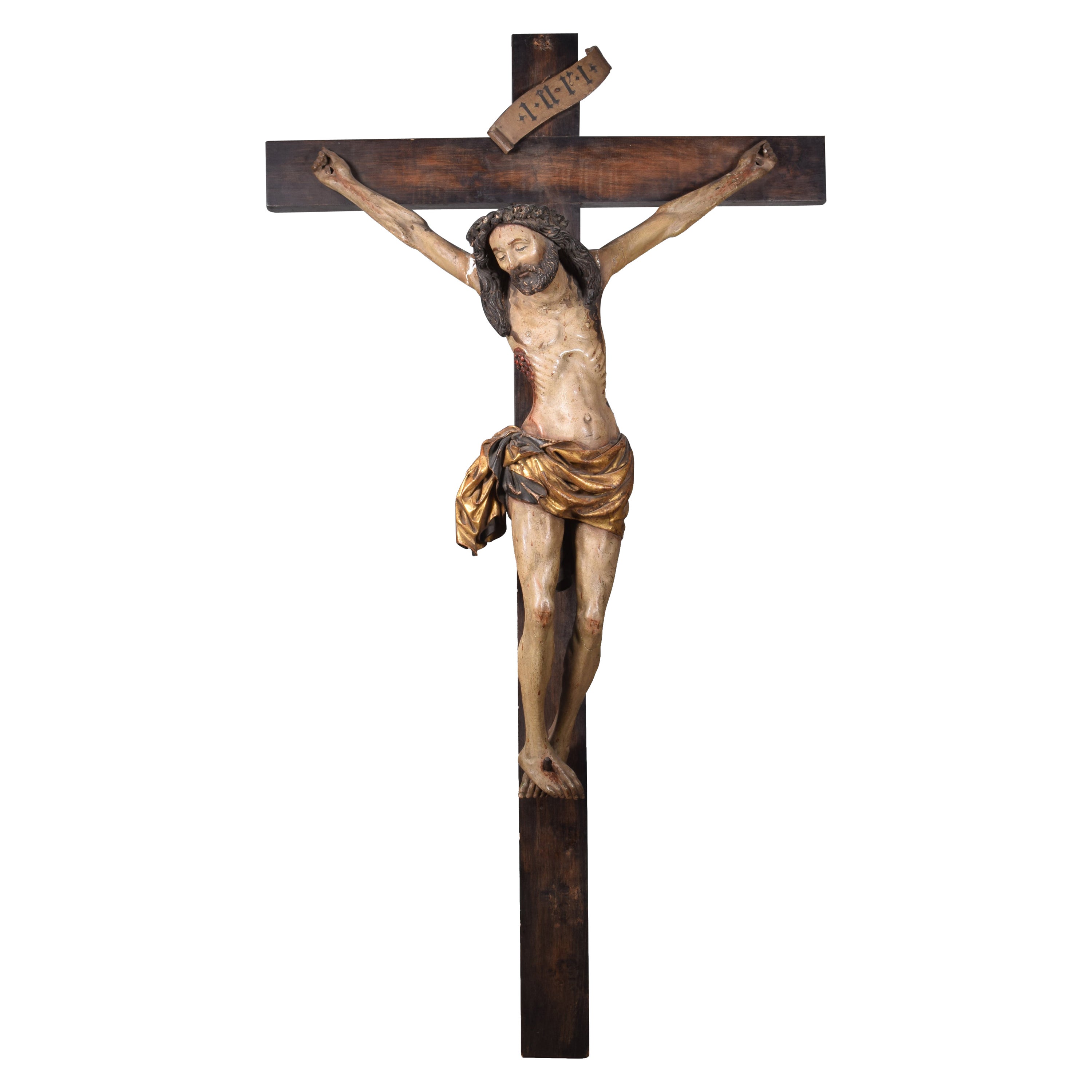 Crucified Christ, Sorrowful Crucifix. Carved and polychrome wood. For Sale