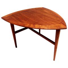 American Modern Walnut Tri-Legged Mid-Century Cocktail Table