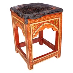 Used Wooden Stool in Moorish Style Hand Painted in Red Tones