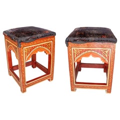 Used 1970s Pair of Wooden Stools in Moorish Style Hand Painted in Red Tones