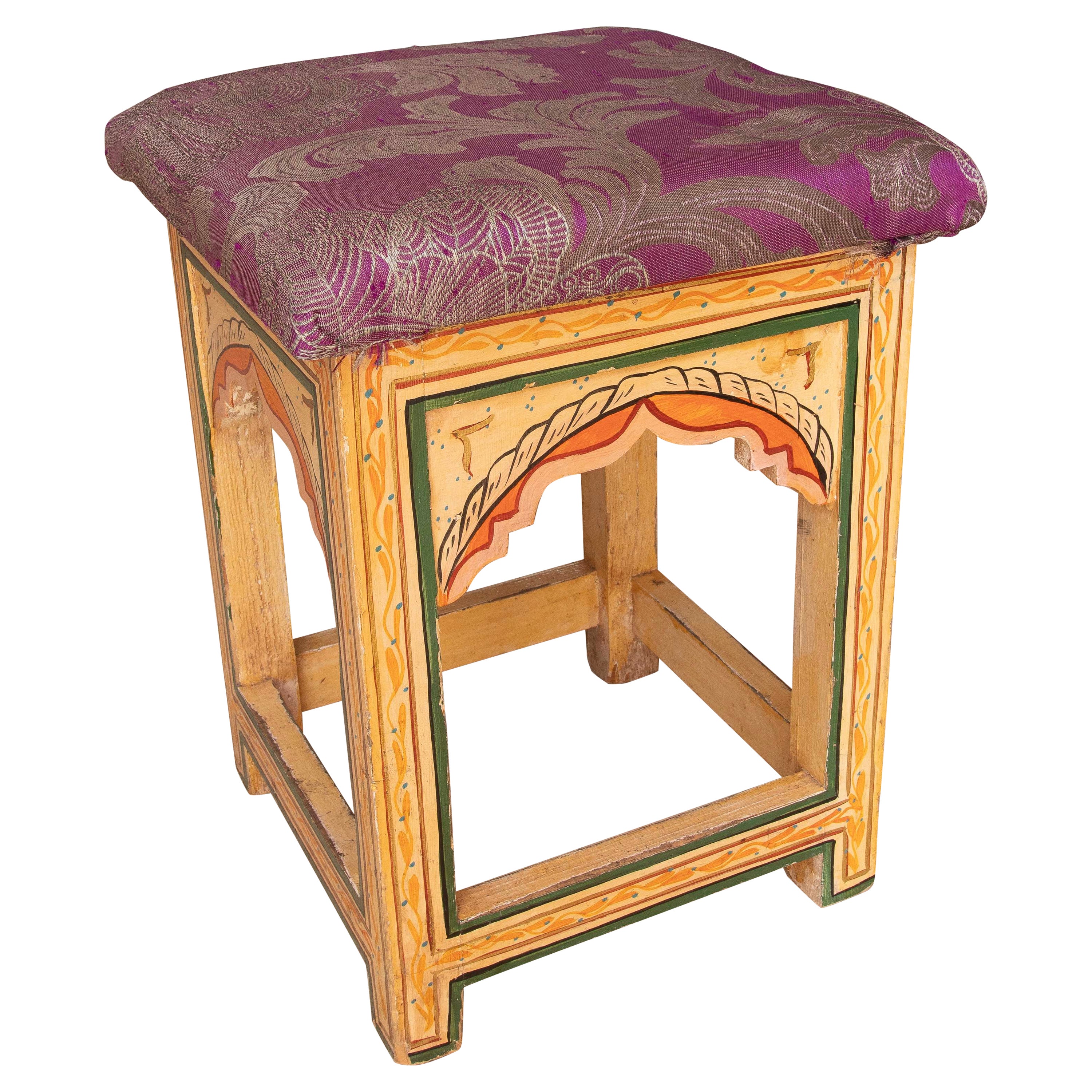 1970s Wooden Stool in Moorish Style Hand Painted in Ocher Tones