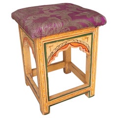 Used 1970s Wooden Stool in Moorish Style Hand Painted in Ocher Tones