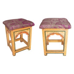 Used Pair of Wooden Stools in Moorish Style Hand Painted in Ocher Tones