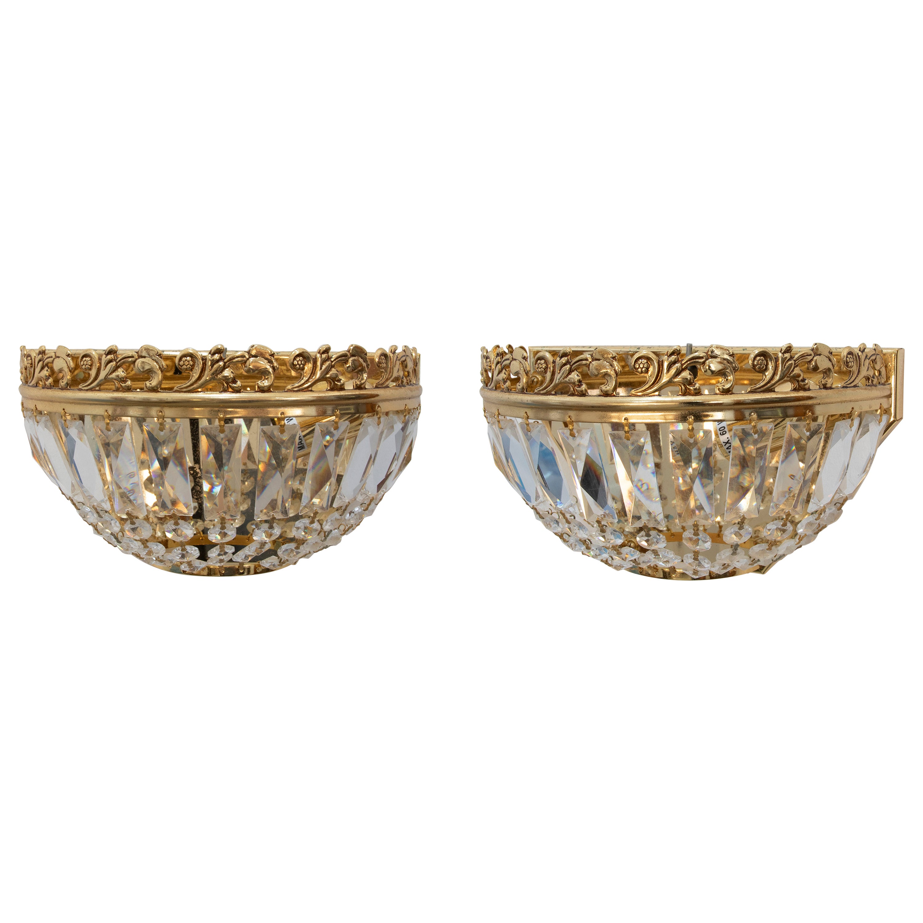 1980s Pair of Golden Metal and Glass Wall Sconces