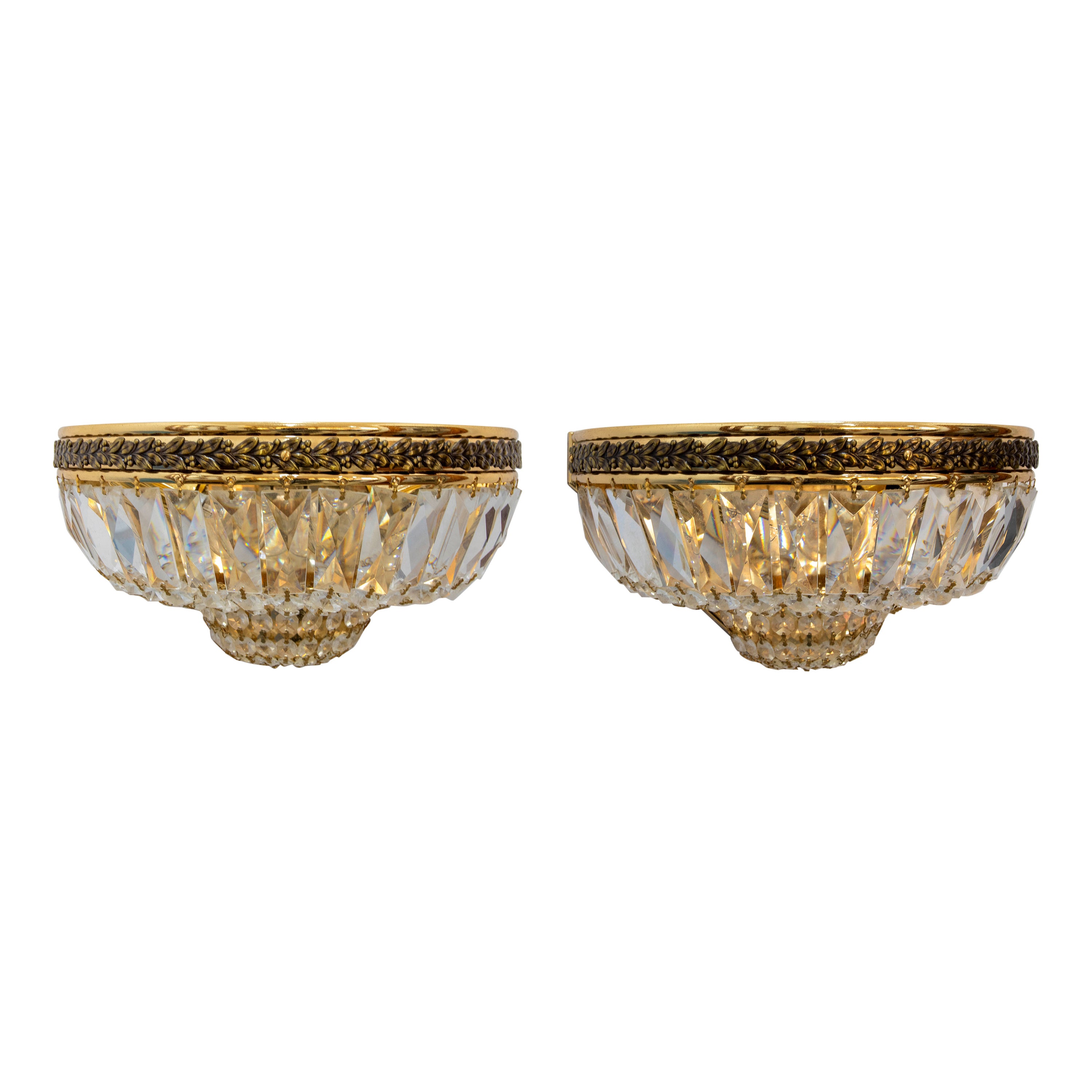 1980s Pair of Golden Metal and Glass Wall Sconces