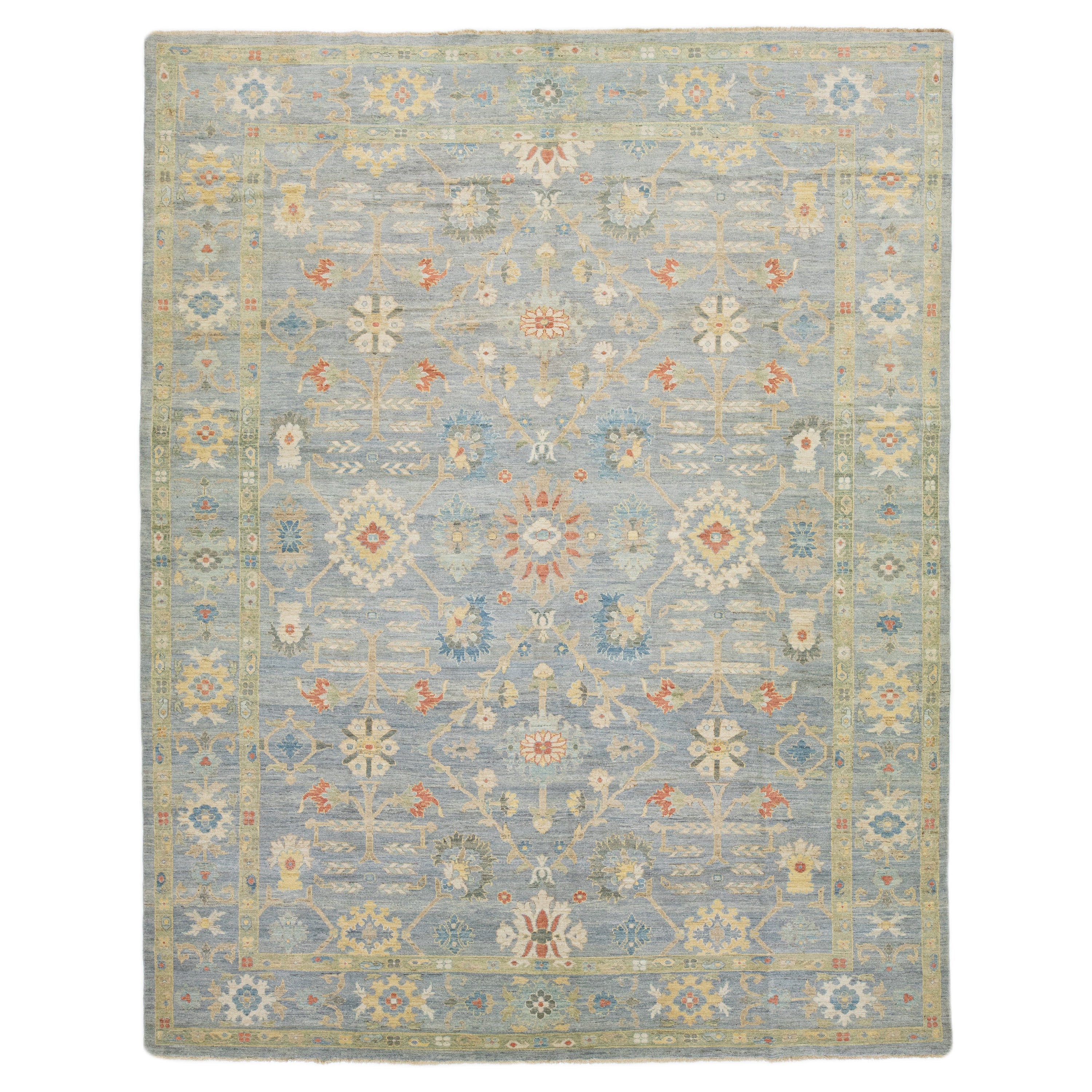 Apadana's Modern Sultanabad Floral Wool Rug Handmade In Gray and Blue