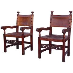 Pair of 1920s Armchairs with Leather Upholstery
