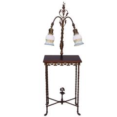 1920s Wrought Iron Table with Attached Lamp