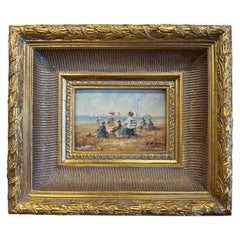 Mid-Century French Beach Painting on Board in Giltwood Frame Signed R. Wilson