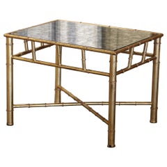 Mid-Century French Maison Baguès Glass Top Faux Bamboo Brass Side Table