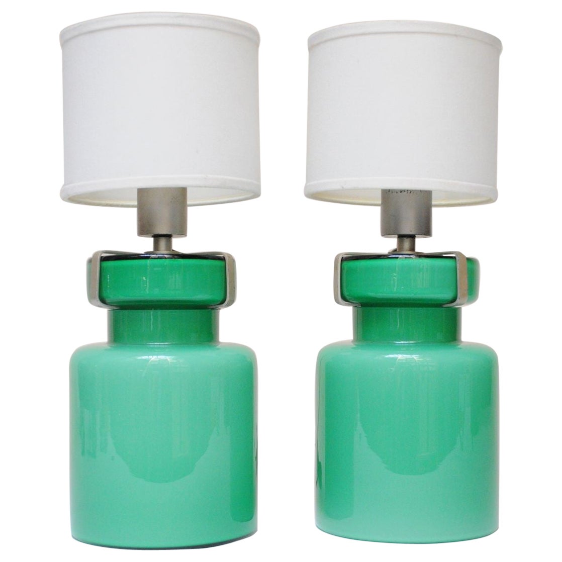 Pair of Mid-Century Green Blown Cased Glass Table Lamps after Luciano Vistosi