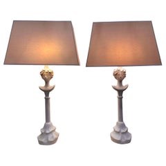 Vintage Pair of Tete du Femme Plaster Table Lamps After Alberto Giacometti
