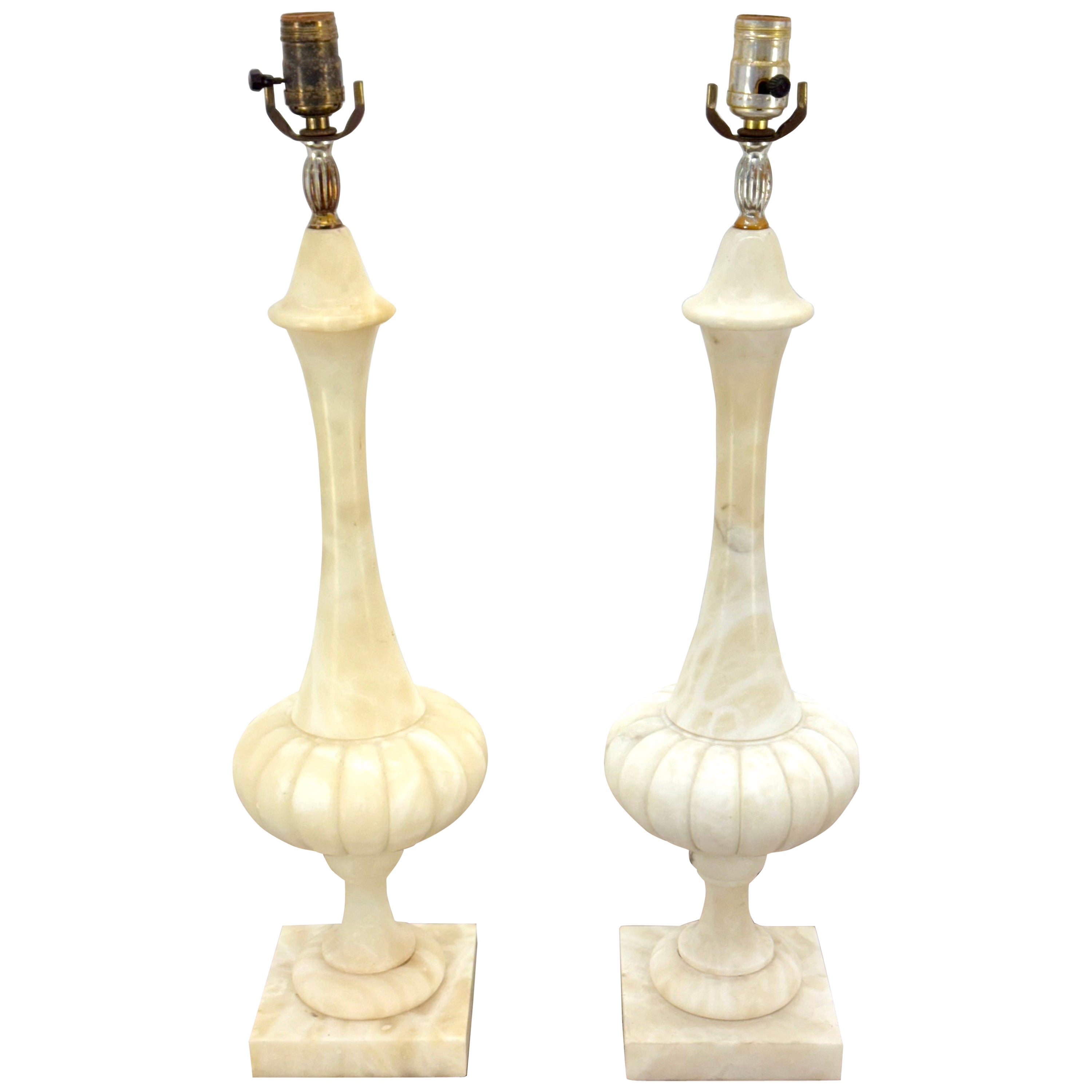 Paire de lampes de bureau élégantes en forme d'oignon en marbre et albâtre, propres !