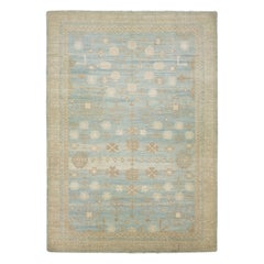 Apadana's Modern Oversized Khotan Style Blue Wool Rug With Geometric Design