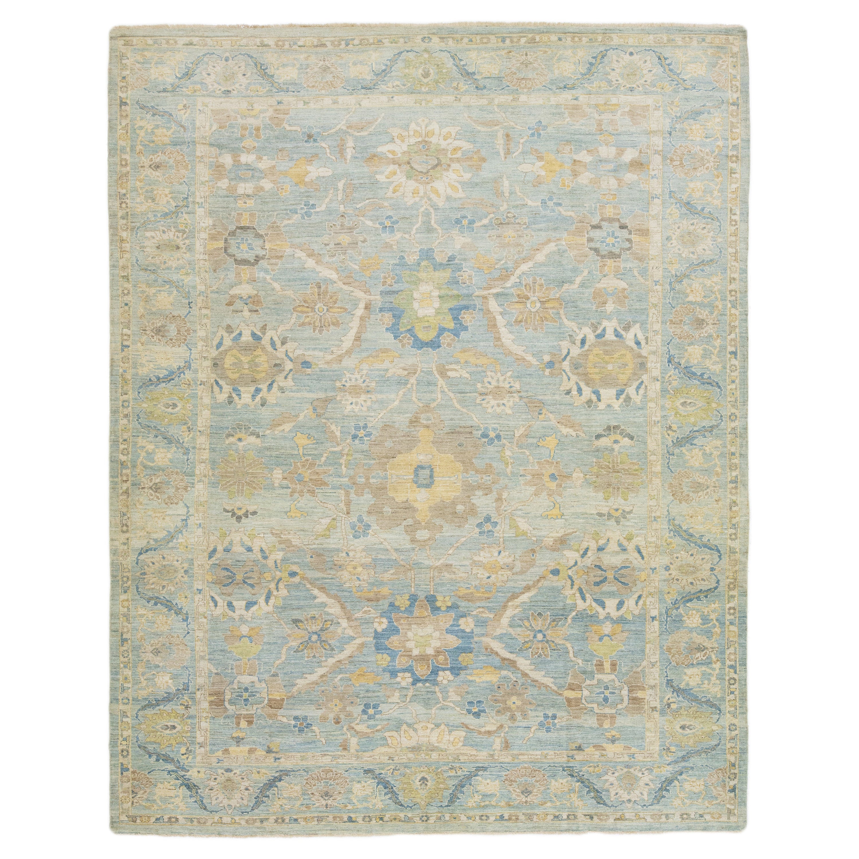 Handmade Apadana's Contemporary Sultanabad Blue Wool Rug With Floral Design