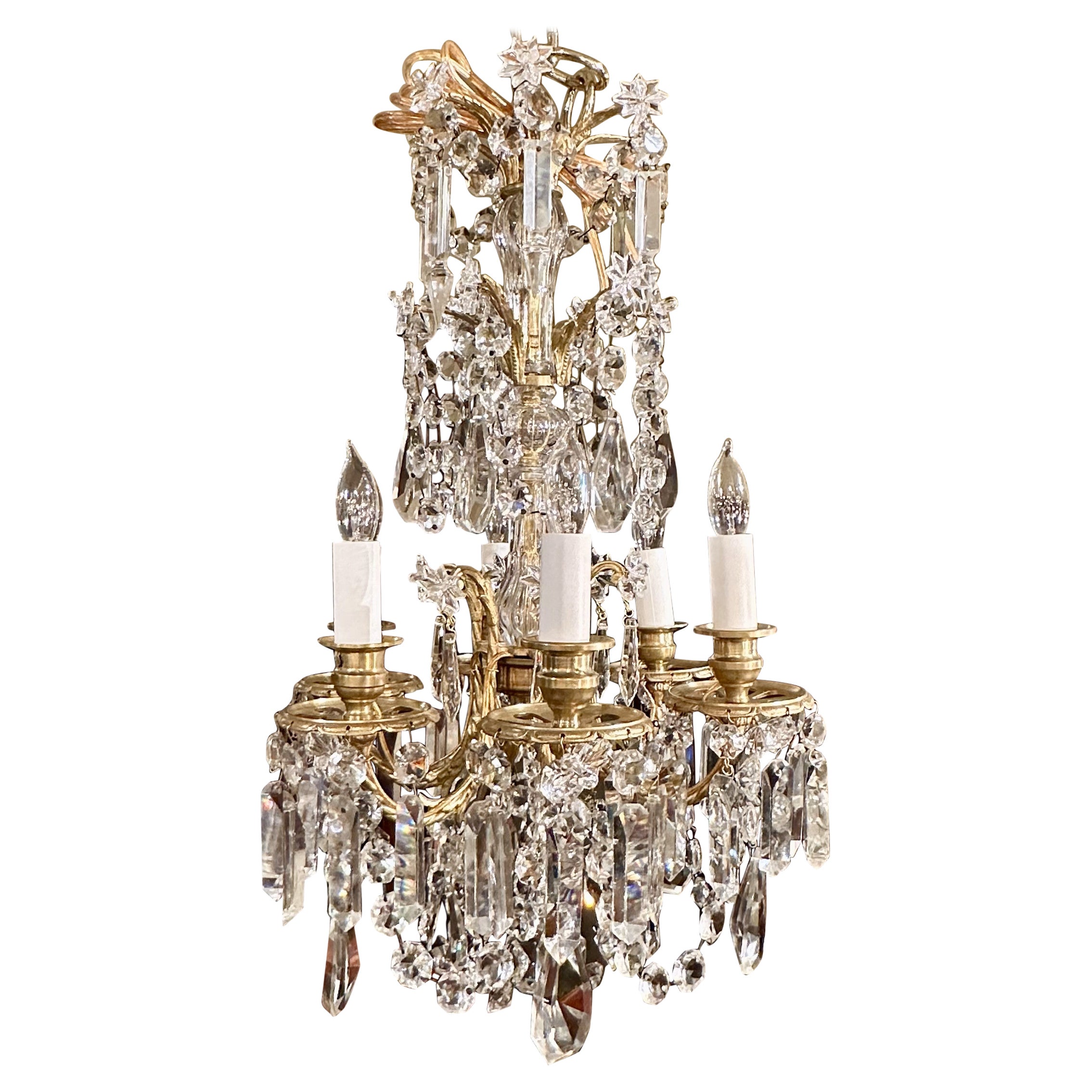 Antique French Napoleon III Gold Bronze and Crystal Petite Chandelier Circa 1885