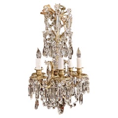 Antique French Napoleon III Gold Bronze and Crystal Petite Chandelier Circa 1885