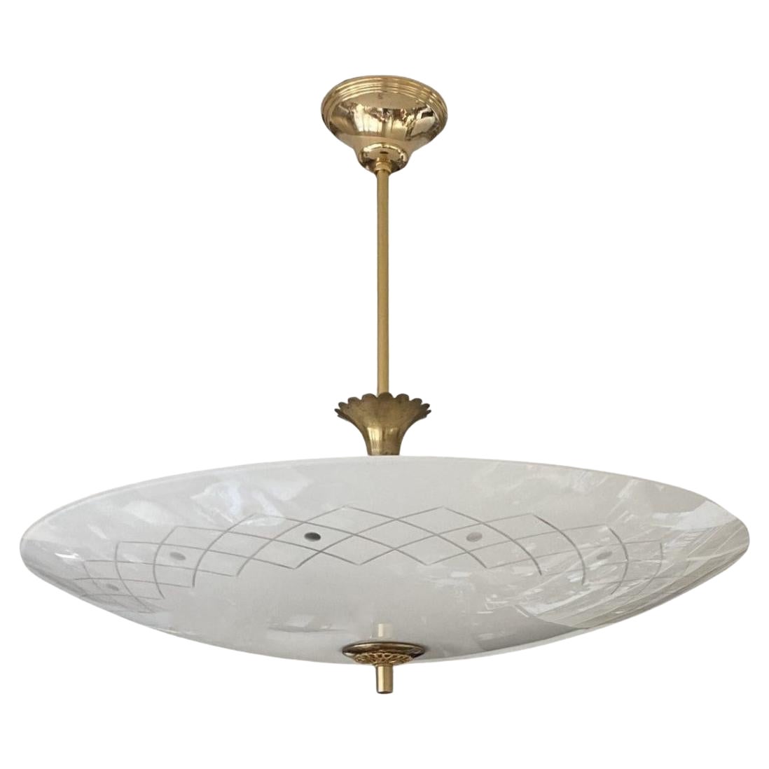 Murano Opalescent Glass Brass Chandelier Attributed to Luigi Brusotti, 1940s